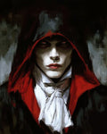 GRID THUMBNAIL — Close-up portrait of a pale, red-eyed vampire in a black cloak with crimson lining and white cravat, staring forward ominously.