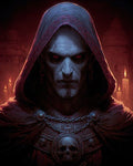 GRID THUMBNAIL — Hooded vampire with red eyes and fangs faces forward, wearing ornate skull medallion and chains, with candles and looming castle shapes behind.