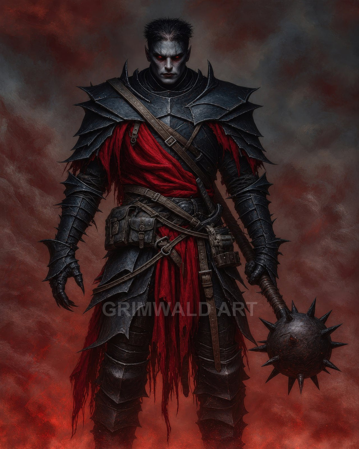 Armoured vampire warrior with red glowing eyes grips a spiked mace, draped in torn red cloth, standing amid smoky, firelit gloom.