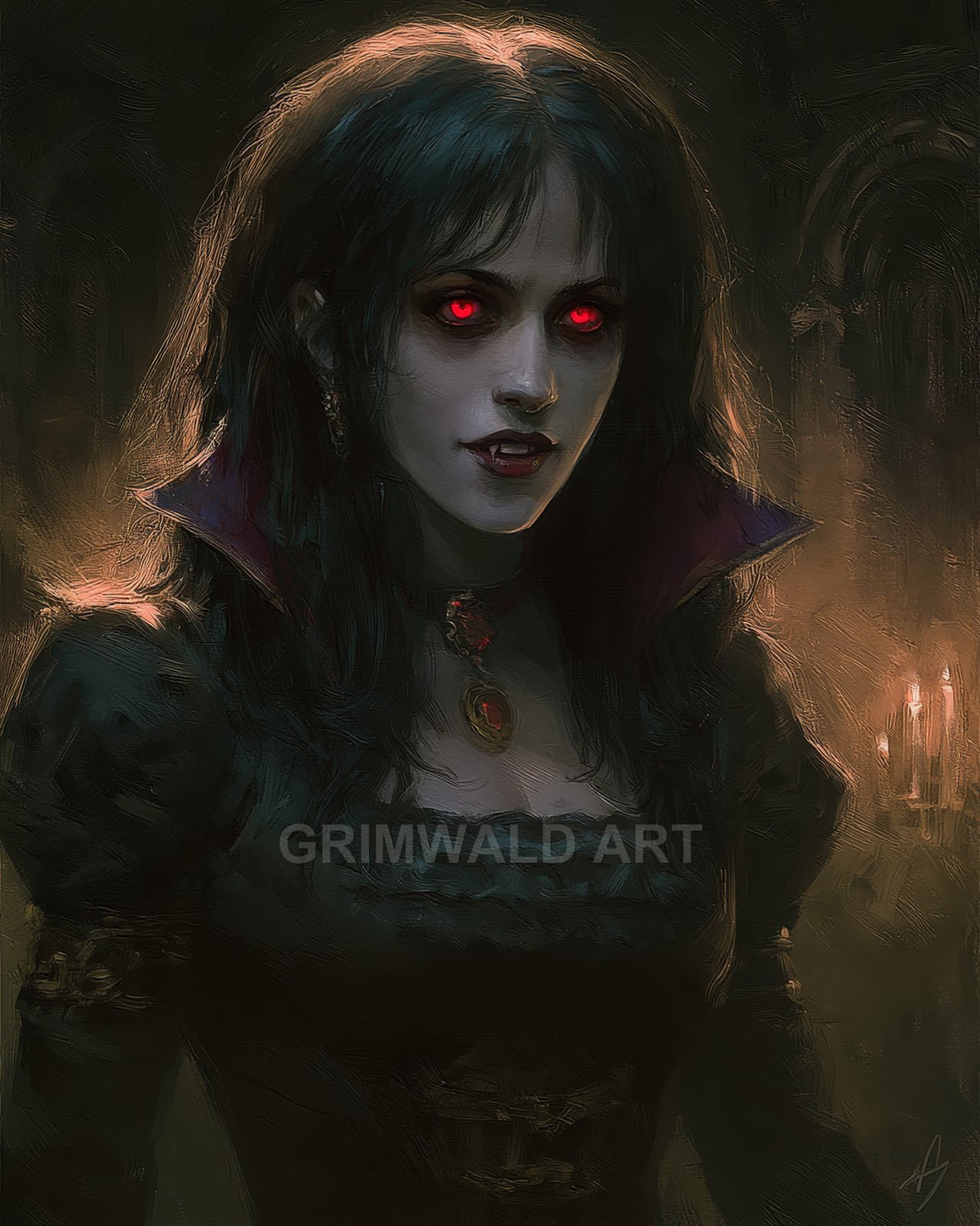 Gothic female vampire with glowing red eyes and fangs, wearing a dark dress and pendant, lit by candles in a shadowy interior.
