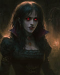 GRID THUMBNAIL — Gothic female vampire with glowing red eyes and fangs, wearing a dark dress and pendant, lit by candles in a shadowy interior.