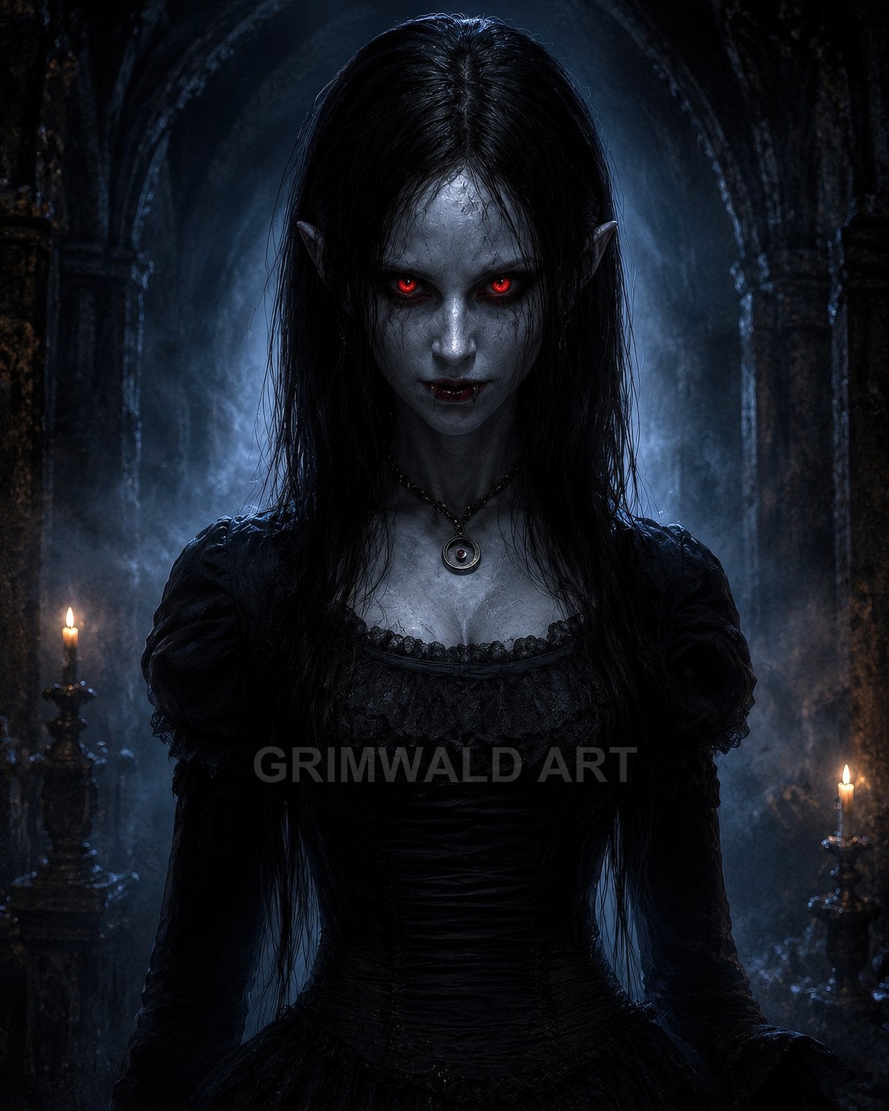 Pale female vampire with glowing red eyes and fangs in a black lace dress, standing in a candlelit gothic hall amid misty stone arches.