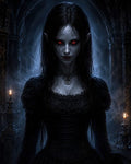 GRID THUMBNAIL — Pale female vampire with glowing red eyes and fangs in a black lace dress, standing in a candlelit gothic hall amid misty stone arches.