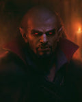 GRID THUMBNAIL — Firelit portrait of a male vampire with glowing red eyes, pointed ears, fangs and a high-collared cloak, staring menacingly in dark interior.