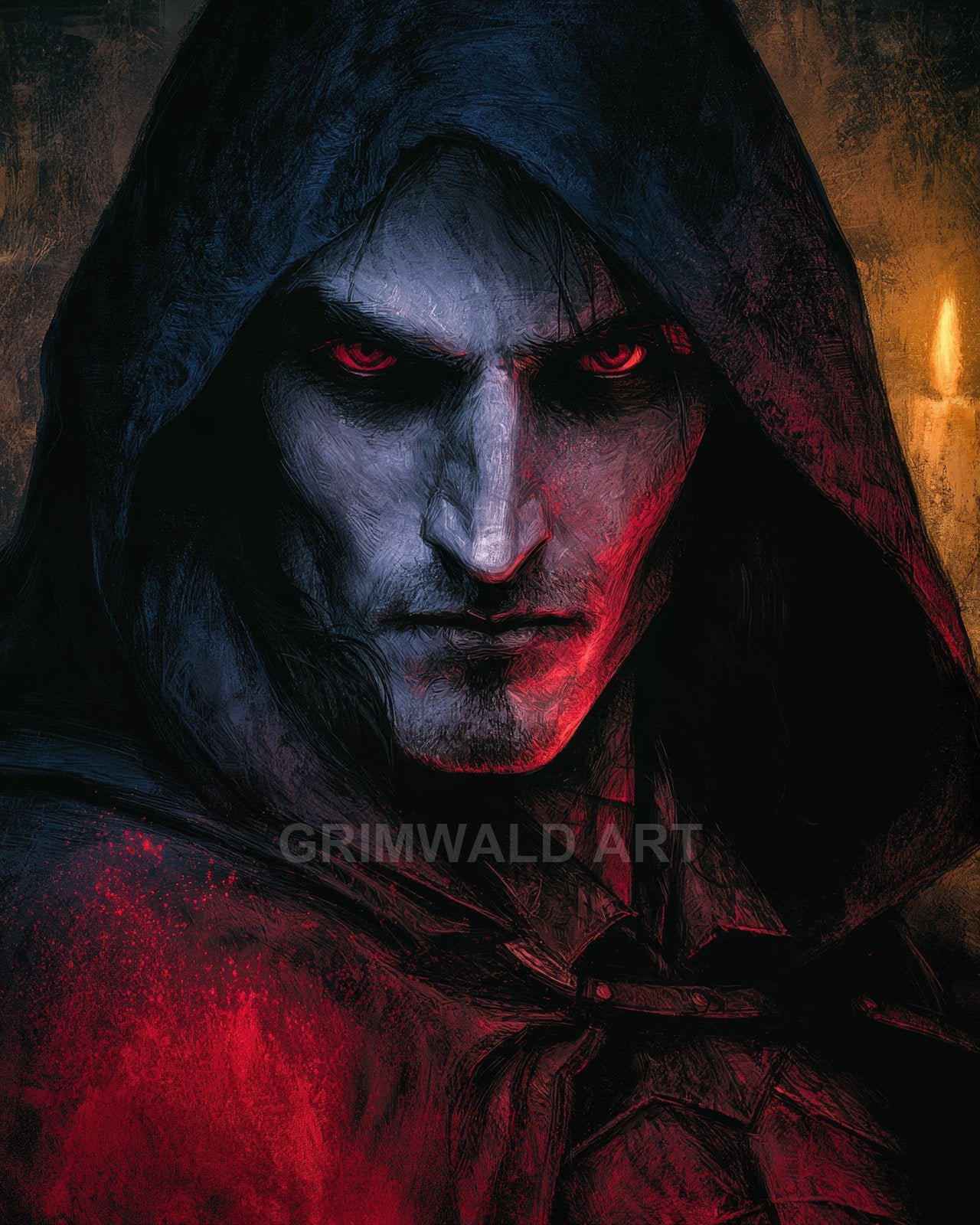Close-up portrait of a hooded vampire with glowing red eyes, pale skin and a candlelit background, rendered in dark, textured gothic tones.