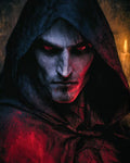 GRID THUMBNAIL — Close-up portrait of a hooded vampire with glowing red eyes, pale skin and a candlelit background, rendered in dark, textured gothic tones.