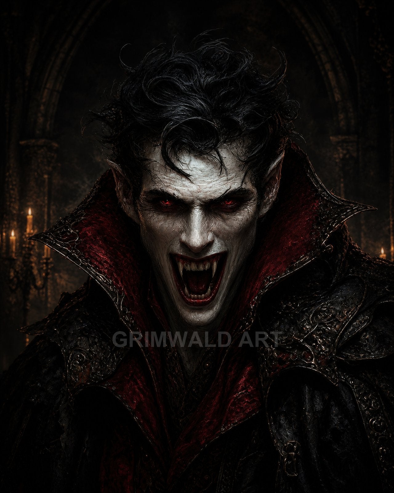Close-up of a pale vampire with red glowing eyes and long fangs, wearing ornate black and crimson cloak inside a gothic hall lit by candles.