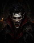 GRID THUMBNAIL — Close-up of a pale vampire with red glowing eyes and long fangs, wearing ornate black and crimson cloak inside a gothic hall lit by candles.