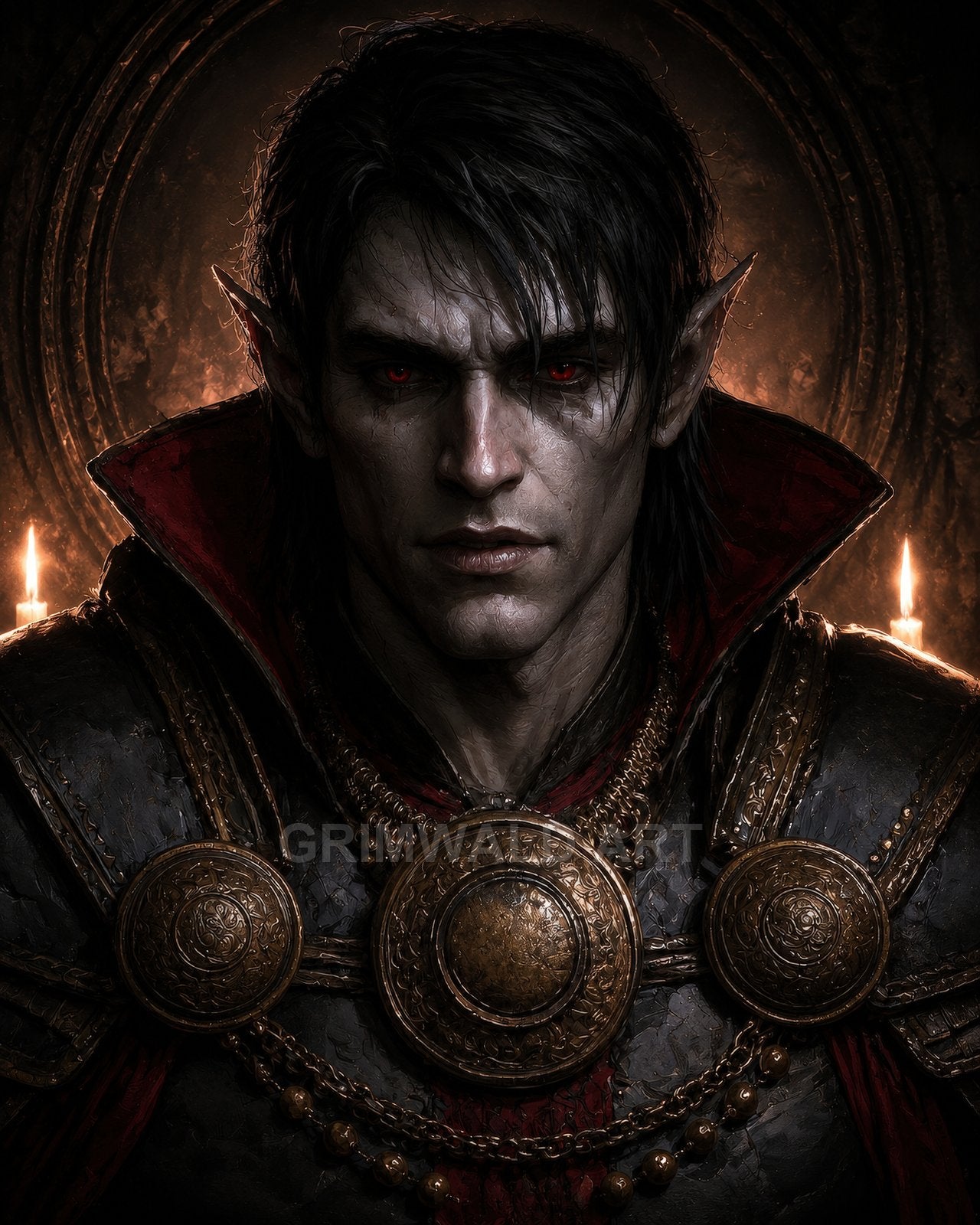 Close-up portrait of a pale, red-eyed vampire in ornate dark armour with gold medallions, pointed ears, and a candlelit background.