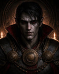 GRID THUMBNAIL — Close-up portrait of a pale, red-eyed vampire in ornate dark armour with gold medallions, pointed ears, and a candlelit background.