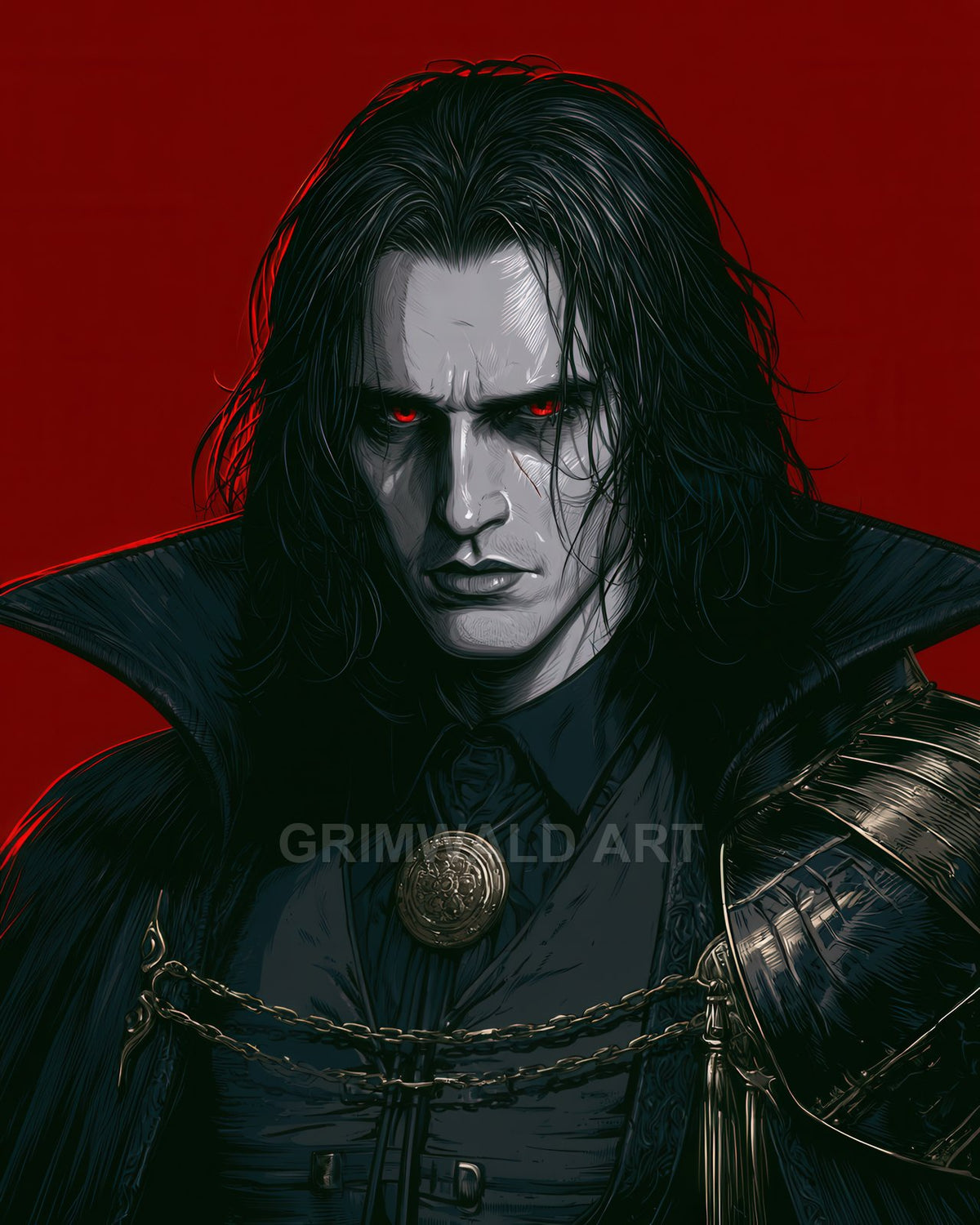 Portrait of a pale male vampire with glowing red eyes, dark flowing hair, high-collared cloak and ornate chains against a blood-red background.