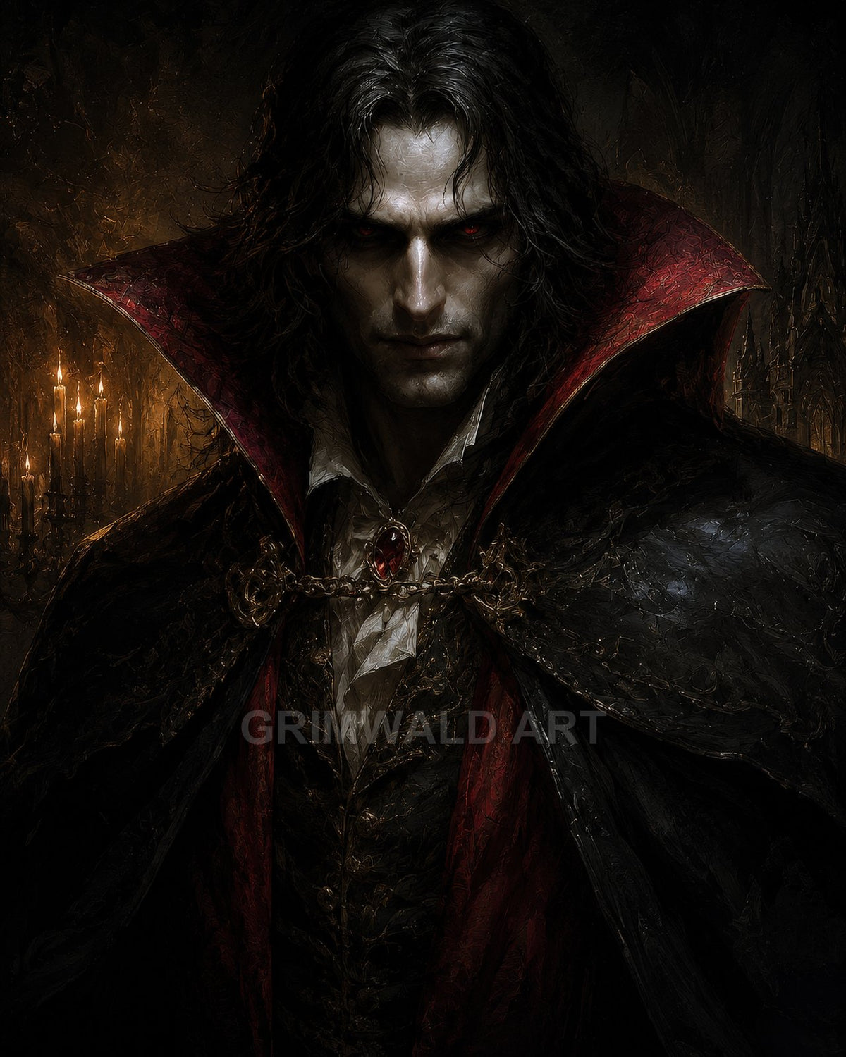 Gothic portrait of a male vampire with glowing red eyes, ornate black-and-crimson cloak and jewel clasp, candles flickering in a shadowed cathedral.