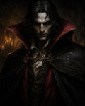 GRID THUMBNAIL — Gothic portrait of a male vampire with glowing red eyes, ornate black-and-crimson cloak and jewel clasp, candles flickering in a shadowed cathedral.