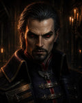 GRID THUMBNAIL — Portrait of a stern male vampire with glowing red eyes, high-collared ornate coat, in a candlelit gothic castle interior, exuding dark menace.