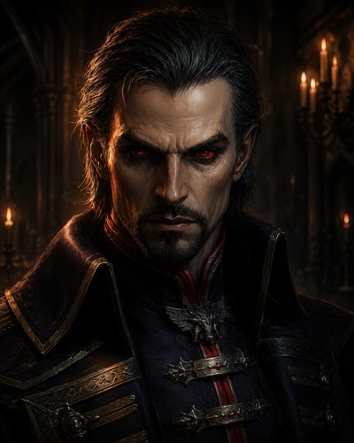 GRID THUMBNAIL — Portrait of a stern male vampire with glowing red eyes, high-collared ornate coat, in a candlelit gothic castle interior, exuding dark menace.