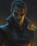 GRID THUMBNAIL — Menacing male vampire with glowing red eyes and fangs, in ornate dark coat, candlelight glimmering behind within a shadowy gothic castle interior.