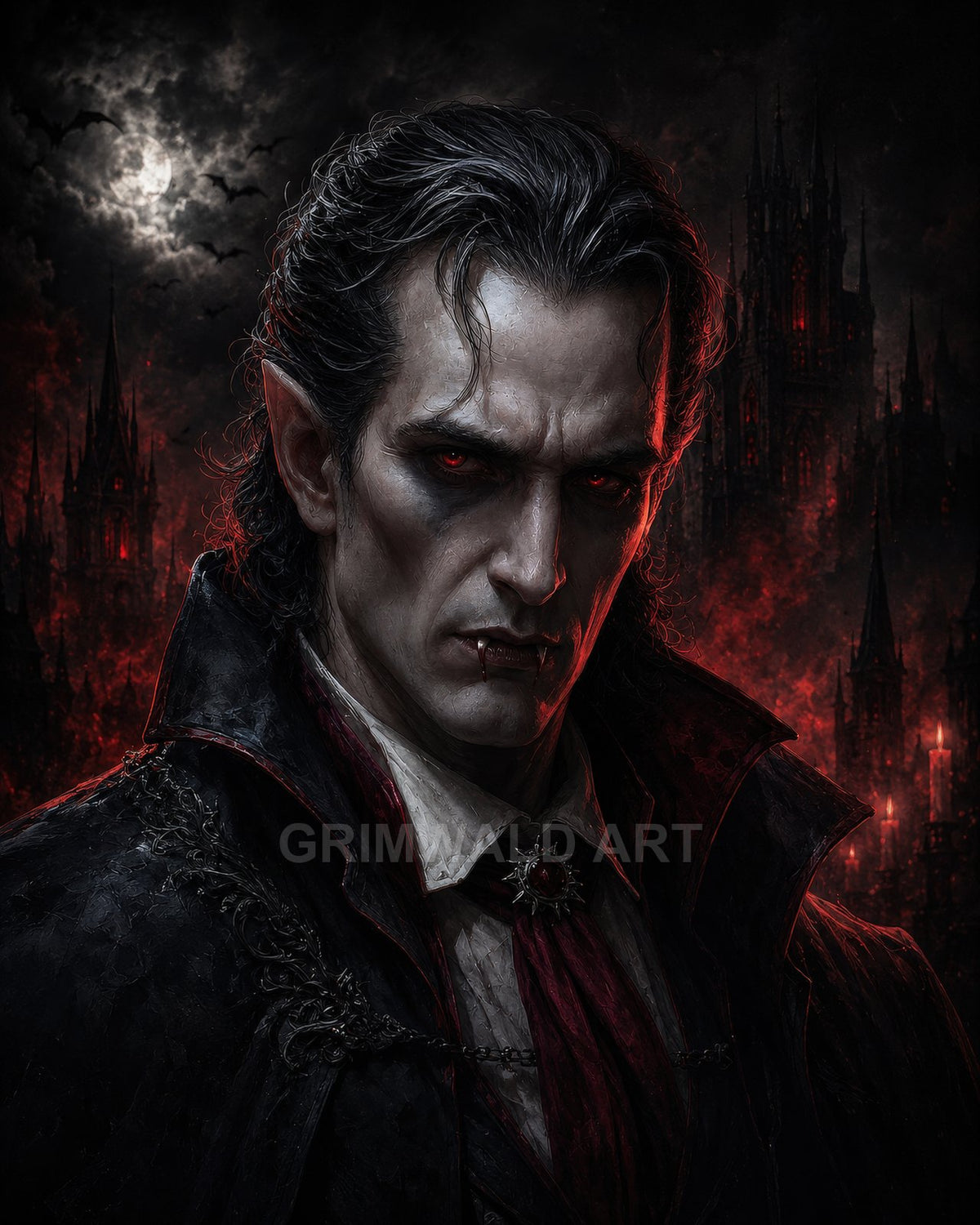 Moonlit portrait of a male vampire with red eyes and fangs, wearing a high-collared cloak before gothic spires, bats and a full moon.