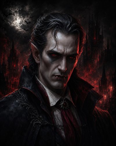 GRID THUMBNAIL — Moonlit portrait of a male vampire with red eyes and fangs, wearing a high-collared cloak before gothic spires, bats and a full moon.