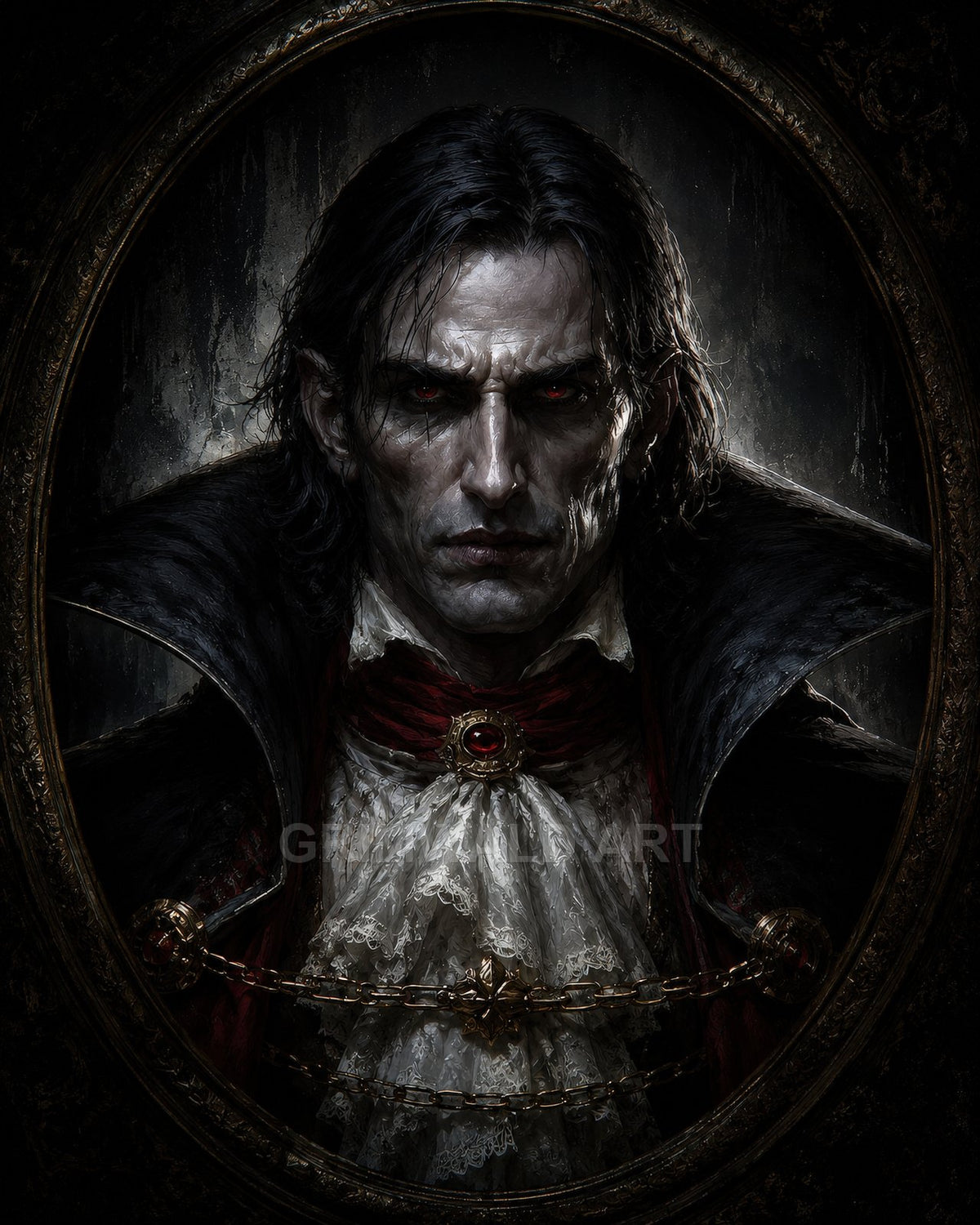 Gothic portrait of a pale, red-eyed male vampire in lace cravat and high-collared cloak, framed in an ornate oval under moonlit gloom.