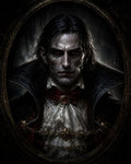 GRID THUMBNAIL — Gothic portrait of a pale, red-eyed male vampire in lace cravat and high-collared cloak, framed in an ornate oval under moonlit gloom.