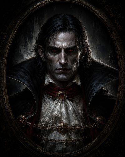 GRID THUMBNAIL — Gothic portrait of a pale, red-eyed male vampire in lace cravat and high-collared cloak, framed in an ornate oval under moonlit gloom.