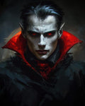 GRID THUMBNAIL — Close-up portrait of a pale vampire with pointed ears and glowing red eyes, framed by a high scarlet collar and black cloak.