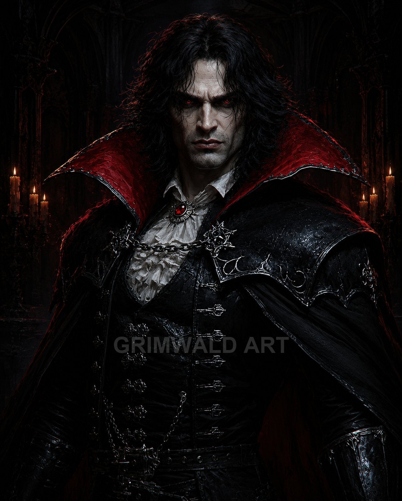 A pale, red-eyed vampire noble in black gothic armour and a crimson-lined collar stands in a candlelit cathedral interior, staring forward menacingly.