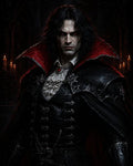 GRID THUMBNAIL — A pale, red-eyed vampire noble in black gothic armour and a crimson-lined collar stands in a candlelit cathedral interior, staring forward menacingly.