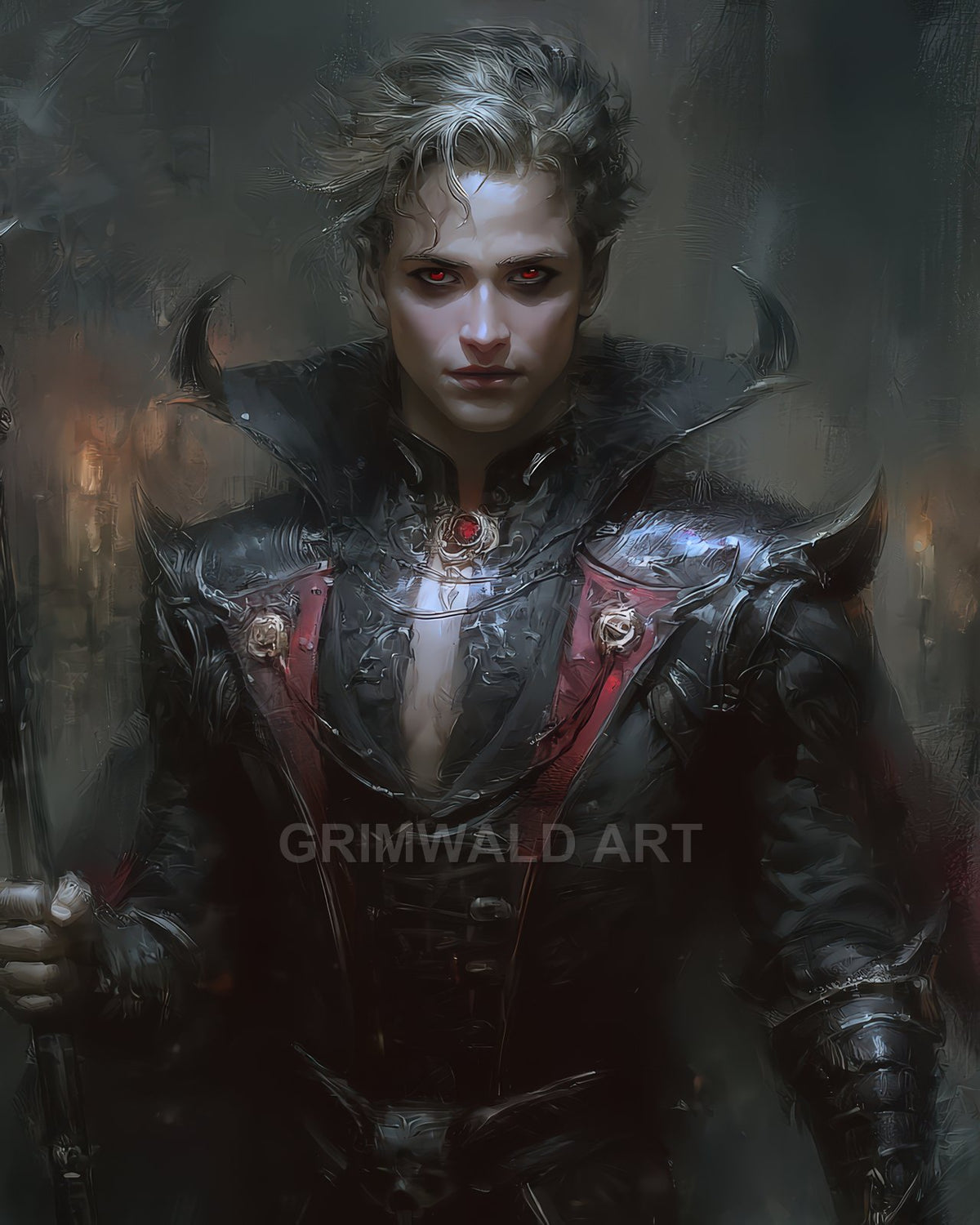 Pale male vampire with glowing red eyes in ornate black and red armour, high collar and pendant, holding a staff in a candlelit interior.