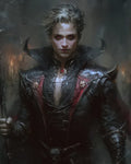 GRID THUMBNAIL — Pale male vampire with glowing red eyes in ornate black and red armour, high collar and pendant, holding a staff in a candlelit interior.