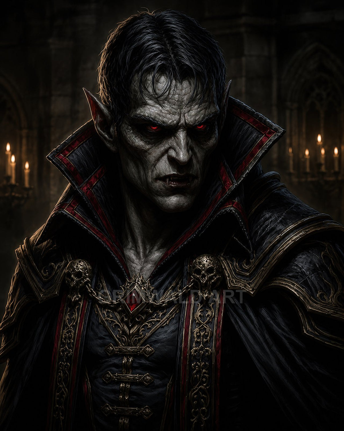 A gaunt, red-eyed vampire with pointed ears and ornate dark armour stands in a dim gothic hall, lit by candles.