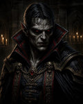 GRID THUMBNAIL — A gaunt, red-eyed vampire with pointed ears and ornate dark armour stands in a dim gothic hall, lit by candles.