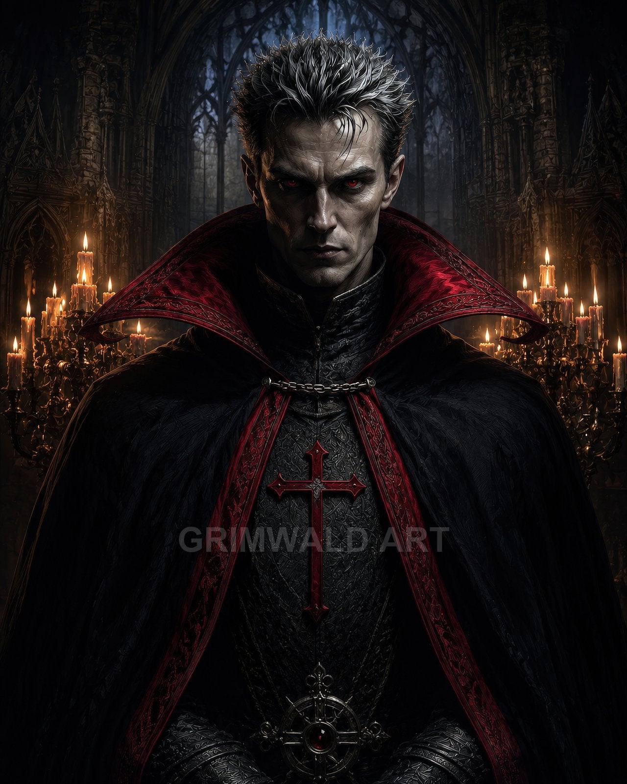Pale, red-eyed male vampire in ornate black and red cloak stands before gothic cathedral candles, with high collar and crimson cross.