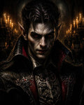 GRID THUMBNAIL — A pale, red-eyed vampire noble in ornate black armour stares forward in a candlelit cathedral, pointed ears and blood-streaked lips accenting his menace.