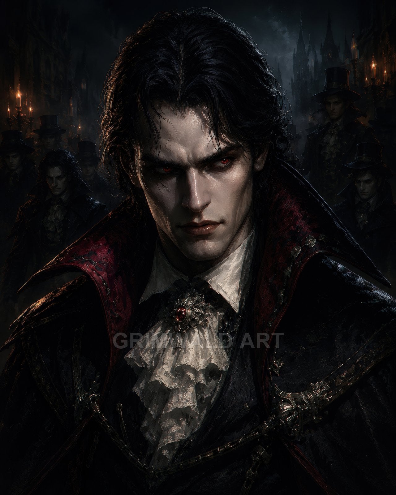 A pale, red-eyed vampire noble in an ornate dark coat and ruffled cravat faces forward, with torchlit figures and gothic city spires at night.