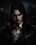 GRID THUMBNAIL — A pale, red-eyed vampire noble in an ornate dark coat and ruffled cravat faces forward, with torchlit figures and gothic city spires at night.