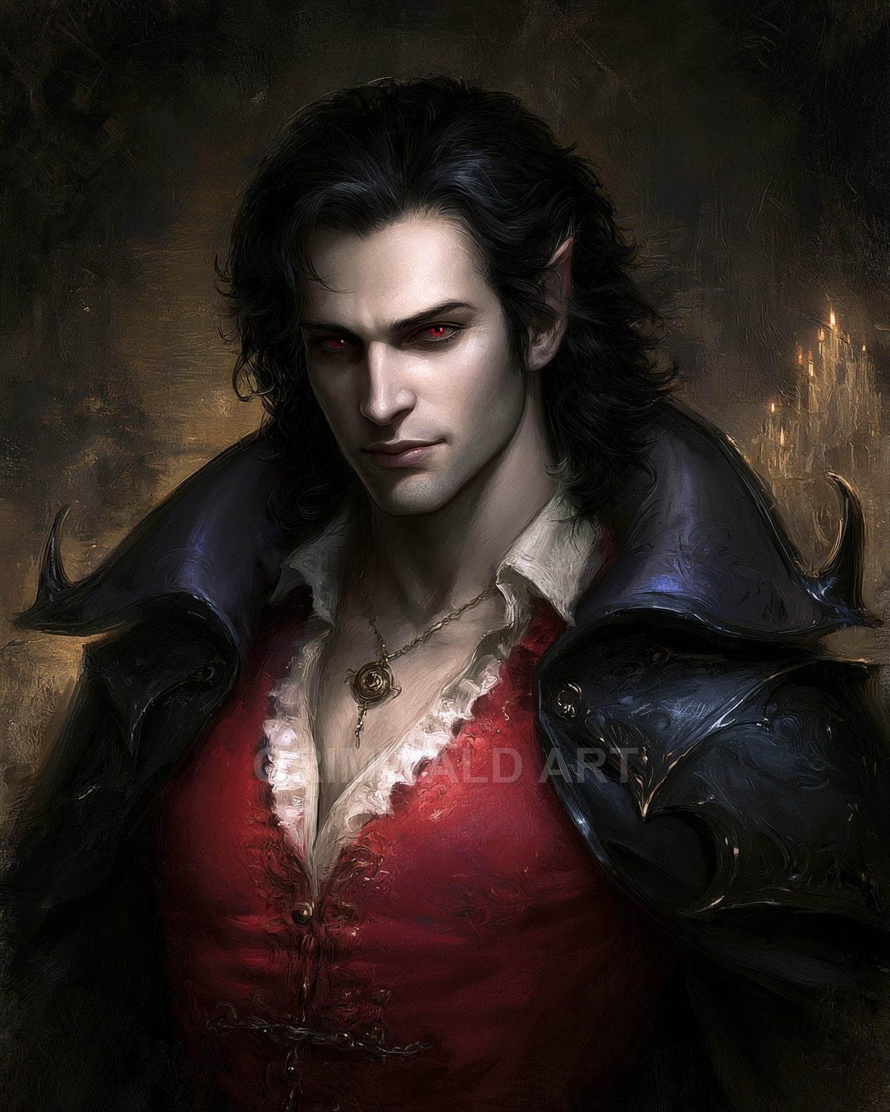 Portrait of a pale male vampire with red eyes and black hair, wearing a red waistcoat and ornate dark mantle, in a firelit castle interior.