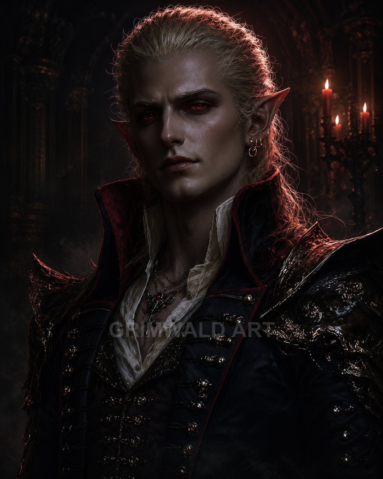 Pale, red-eyed vampire with pointed ears in ornate black coat and high collar, lit by candles in a dark gothic interior.