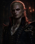 GRID THUMBNAIL — Pale, red-eyed vampire with pointed ears in ornate black coat and high collar, lit by candles in a dark gothic interior.