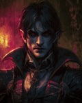 GRID THUMBNAIL — Firelit portrait of a male vampire with red glowing eyes, dark hair and high-collared armour, set against a textured, shadowy interior.