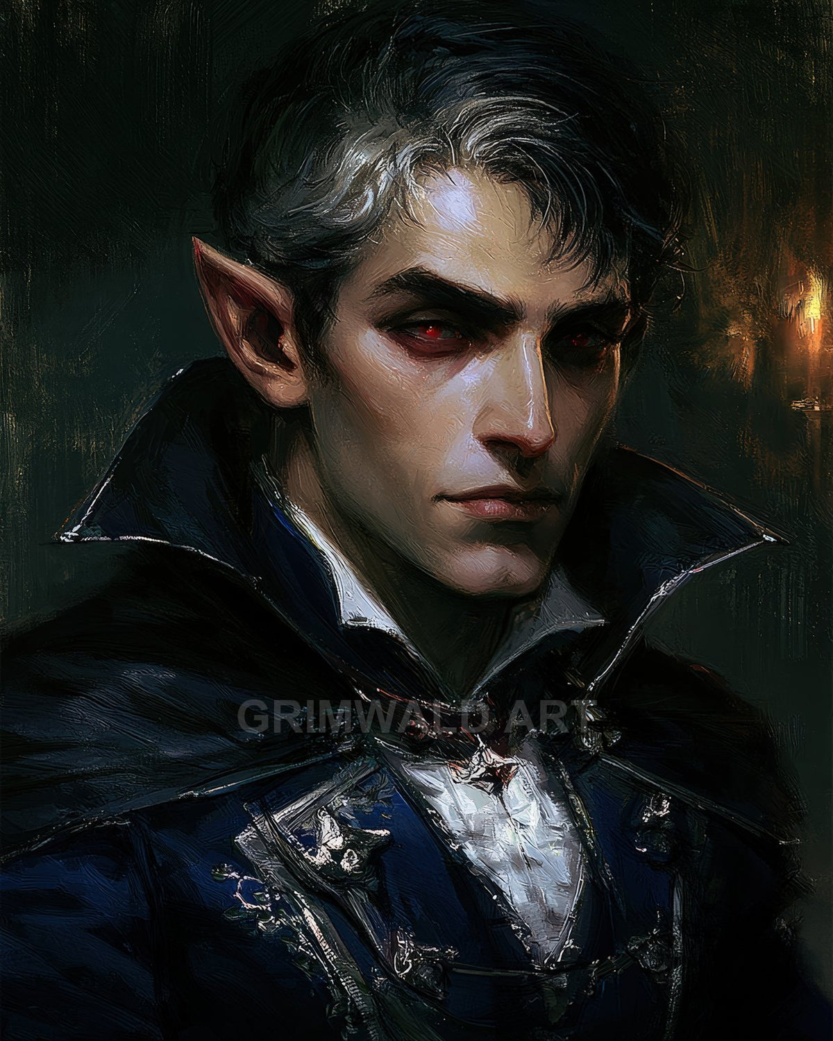A pale, sharp-featured vampire with pointed ears and red eyes wears an ornate blue cloak in a candlelit interior, gothic portrait style.