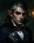 GRID THUMBNAIL — A pale, sharp-featured vampire with pointed ears and red eyes wears an ornate blue cloak in a candlelit interior, gothic portrait style.