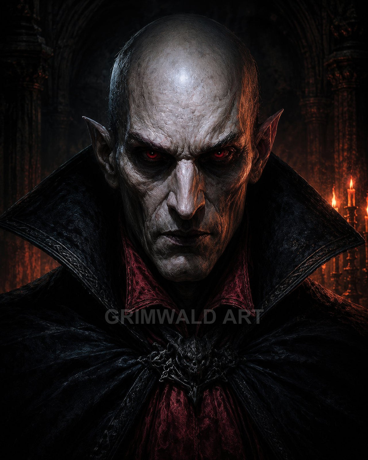 A bald, red-eyed vampire with pointed ears and a high black collar stares forward in a candlelit gothic cathedral interior, wearing an ornate dark cloak.