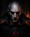 GRID THUMBNAIL — A bald, red-eyed vampire with pointed ears and a high black collar stares forward in a candlelit gothic cathedral interior, wearing an ornate dark cloak.