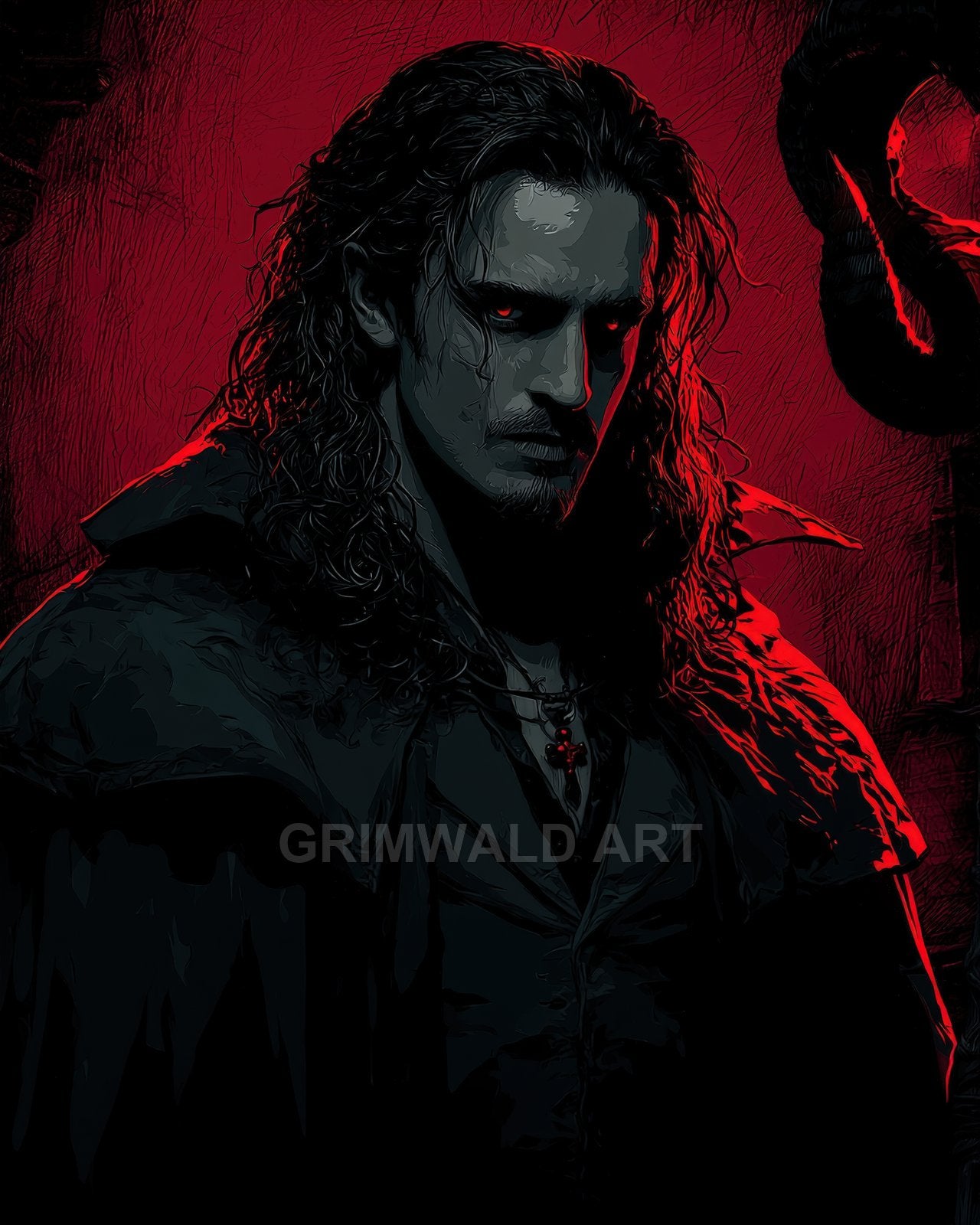 Gothic portrait of a male vampire with glowing red eyes, long curls and a cloak, firelit red background, stone interior and pendant detail.
