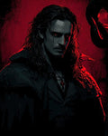 GRID THUMBNAIL — Gothic portrait of a male vampire with glowing red eyes, long curls and a cloak, firelit red background, stone interior and pendant detail.