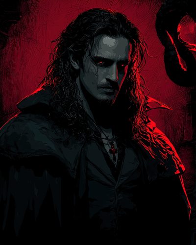 GRID THUMBNAIL — Gothic portrait of a male vampire with glowing red eyes, long curls and a cloak, firelit red background, stone interior and pendant detail.