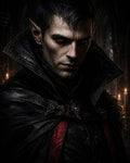GRID THUMBNAIL — Close-up portrait of a male vampire with red glowing eyes and pointed ears, wearing a black high-collared cloak in a candlelit gothic cathedral.