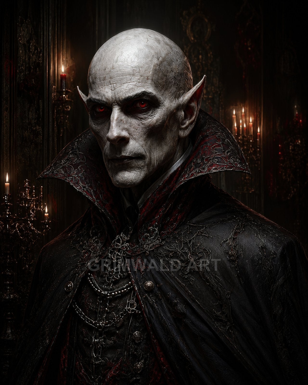 A pale, bald vampire with red eyes and high-collared ornate cloak stands in a candlelit gothic castle interior, staring intensely at the viewer.