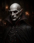 GRID THUMBNAIL — A pale, bald vampire with red eyes and high-collared ornate cloak stands in a candlelit gothic castle interior, staring intensely at the viewer.
